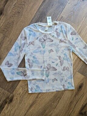 NWT Tillys Full Tilt Girls' Cream Mesh Butterfly Long Sleeve Top